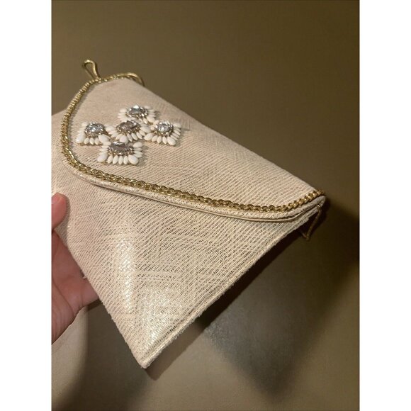 Kate Landry Cream Gold Chain White Jewel Stone Convertible Cocktail Clutch Purse - Picture 6 of 10